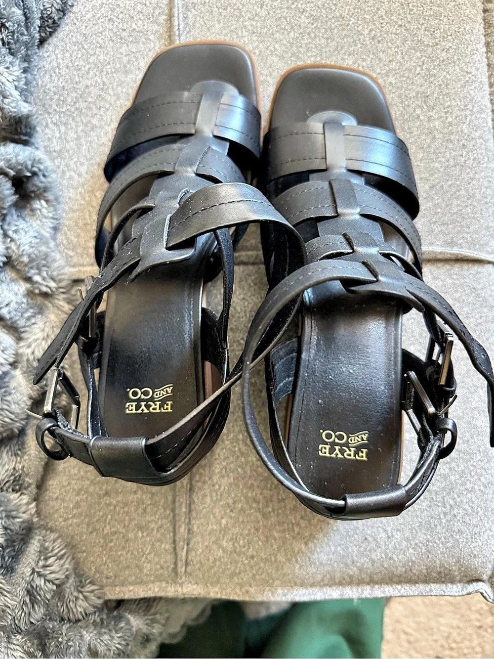 Frye Black Leather-Look Strappy Block Heel Sandals